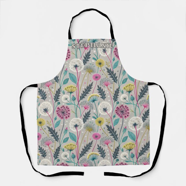 Vibrant Dandelion and Foliage Seamless Pattern Apron (Front)