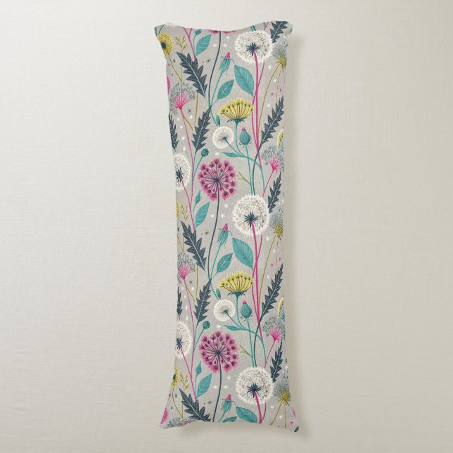 Vibrant Dandelion and Foliage Seamless Pattern Body Cushion (Front Vertical)