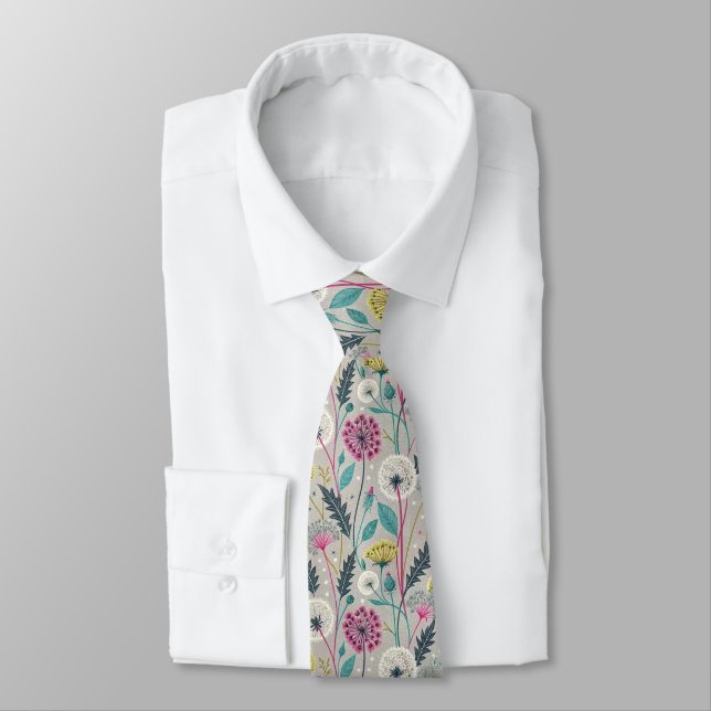Vibrant Dandelion and Foliage Seamless Pattern Tie (Tied)