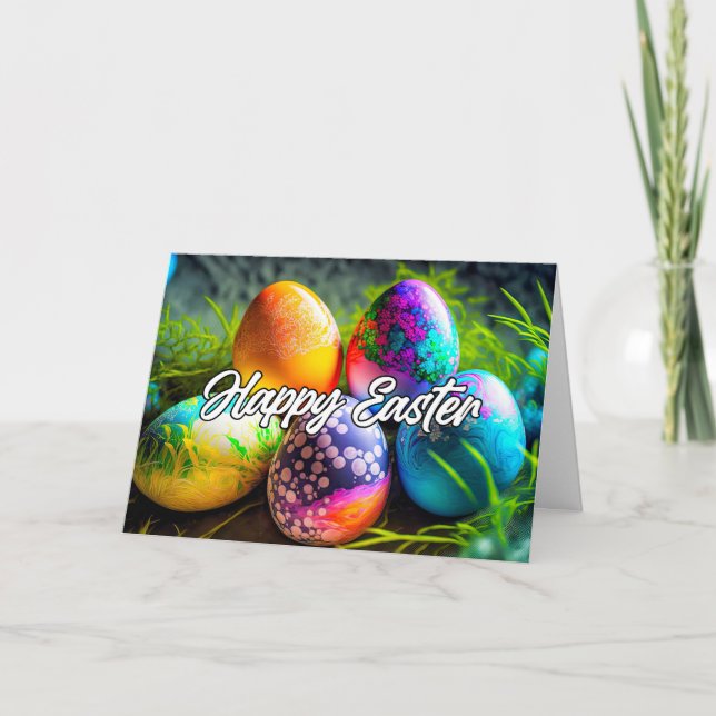 Vibrant Decorative Happy Easter Eggs  Holiday Card (Front)