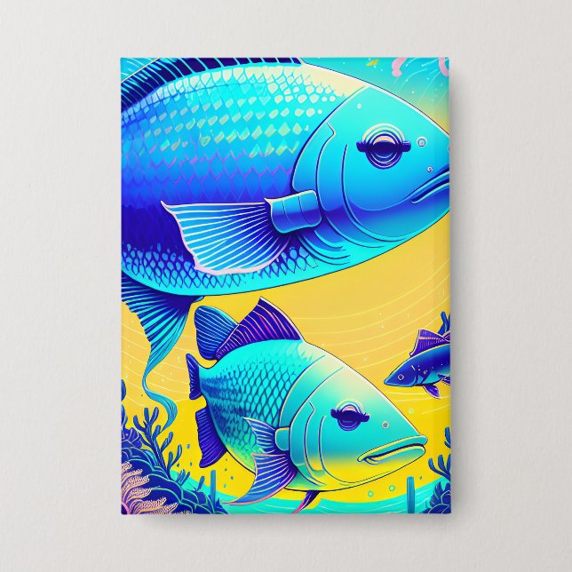 Vibrant Deep Blue Fishes Button (Front)