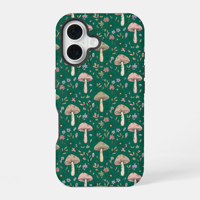 Vibrant Deep Emerald Fungi Seamless Pattern Luxury iPhone 16 Case (Back)