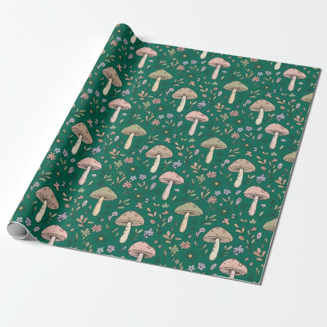 Vibrant Deep Emerald Green Fungi Seamless Pattern Wrapping Paper (Unrolled)