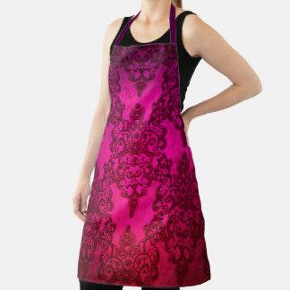 Vibrant Deep Pink Distressed Damask Boho Pattern Apron