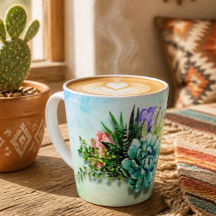 Vibrant Desert Botanical Succulent Watercolor Latte Mug