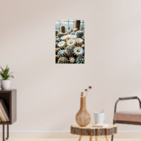Vibrant desert scene, tall cacti, spiky silhouette