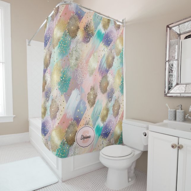 Vibrant Diagonal Brushstroke Pattern Shower Curtain (In Situ)