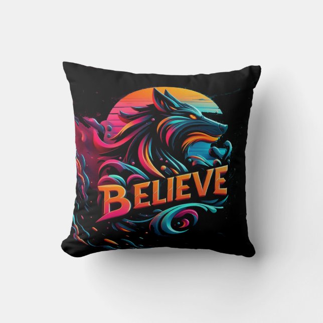 Vibrant Digital Artwork Featuring a Stylised Wolf  Cushion (Front)