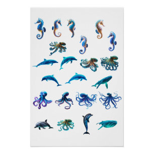 Vibrant Digital Collage of Sea Creatures in a Colo Poster