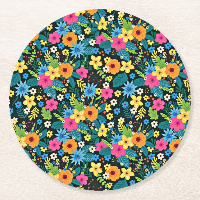 Vibrant Ditsy Flowers Floral Pattern-43785 Round Paper Coaster (Front)