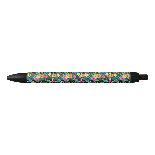 Vibrant Ditsy Flowers Floral Pattern Design-43785 Black Ink Pen (Front)