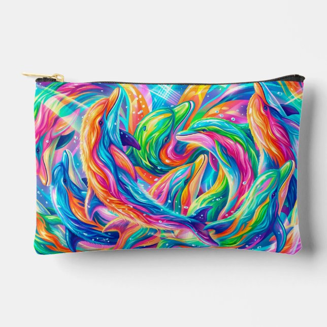 Vibrant Dolphin Dreamscape – Psychedelic Boho Accessory Pouch (Front)