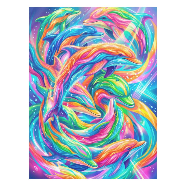 Vibrant Dolphin Dreamscape – Psychedelic Boho Tablecloth (Front)