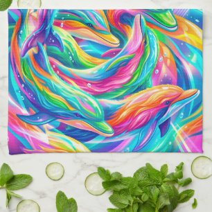 Vibrant Dolphin Dreamscape – Psychedelic Boho Tea Towel