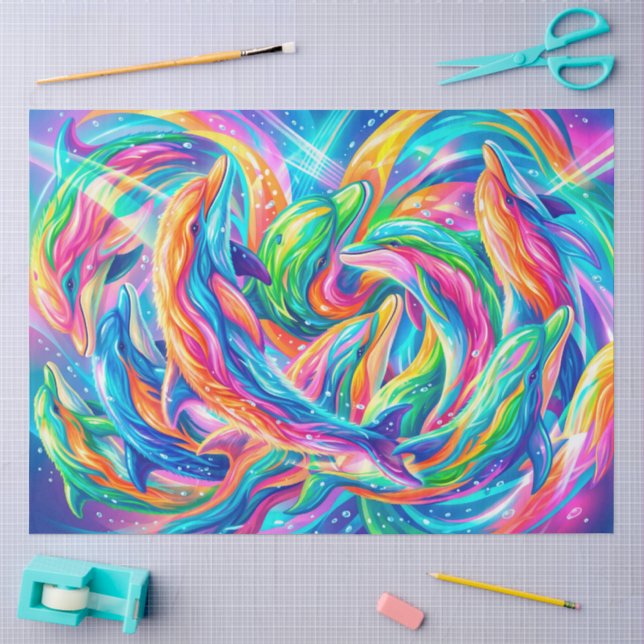 Vibrant Dolphin Dreamscape – Psychedelic Boho Tissue Paper (Craft)