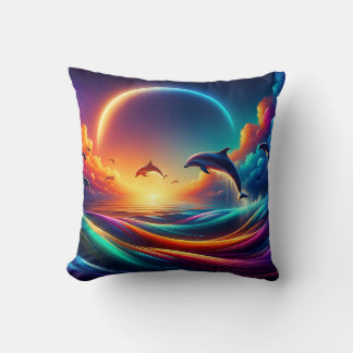 “Vibrant Dolphin Fantasy - Surreal Ocean Art" Cushion