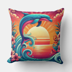 Vibrant Dolphin Leaping Over Ocean Waves Cushion