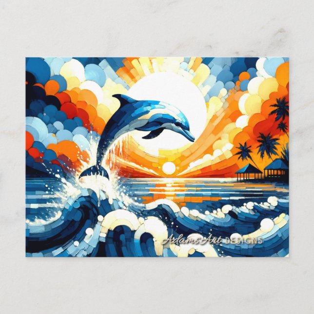 Vibrant Dolphin Sunset Splash Holiday Postcard (Front)