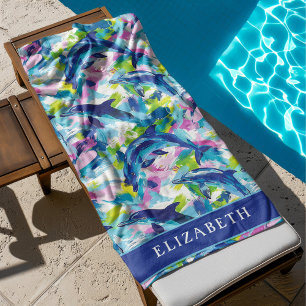 Vibrant Dolphins Blue Waves Personalised Beach Towel