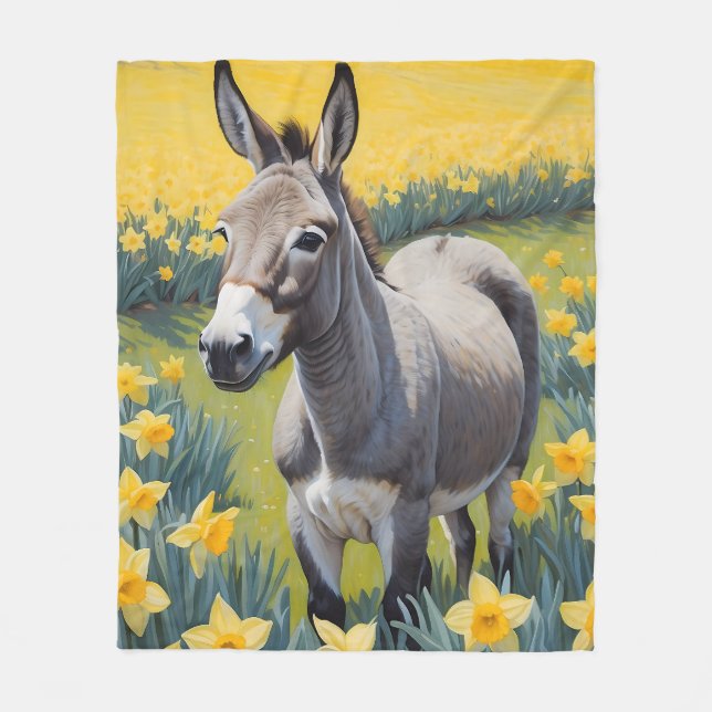 Vibrant Donkey And Yellow Daffodils Fleece Blanket (Front)