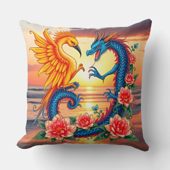 Vibrant Dragon and Phoenix Artwork with Flower Cushion (Front)