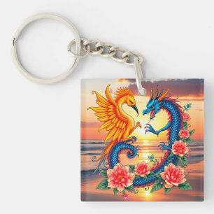 Vibrant Dragon and Phoenix Artwork with Flower Key Ring