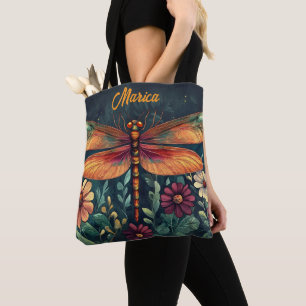 Vibrant Dragonfly Floral Shades Orange Red Green  Tote Bag