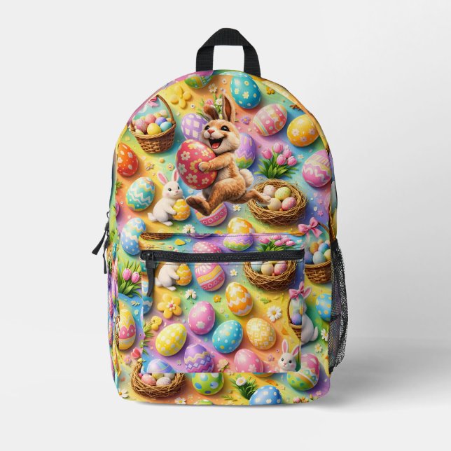 Vibrant Easter bunny and egg hunt celebration back Printed Backpack (Front)