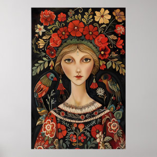 Vibrant Eastern European Folk Art Woman with Birds Poster
