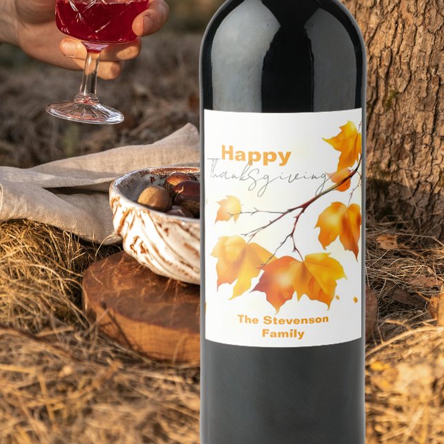 Vibrant Elegant Fall Maple Leaves Thanksgiving Wine Label (Creator Uploaded)