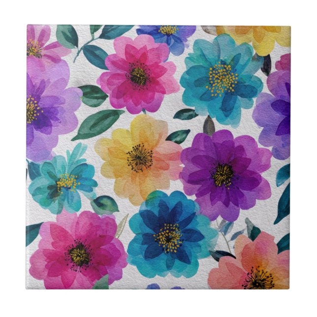 Vibrant Elegant Flower Blossoms Watercolor Floral  Tile (Front)