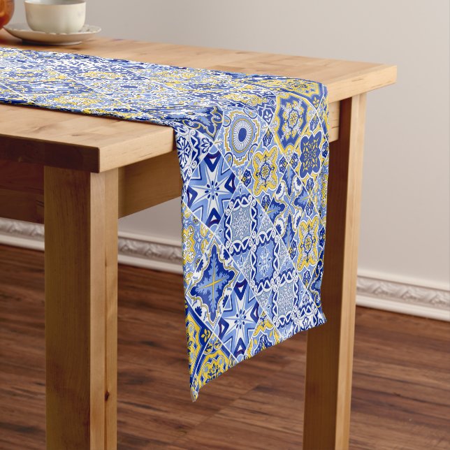 Vibrant Elegant Moroccan Blue Tile | Timeless Art Short Table Runner (In Situ)