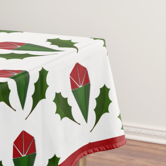 Vibrant Elegant Pattern Red Roses, Green Holly Art Tablecloth (In Situ)