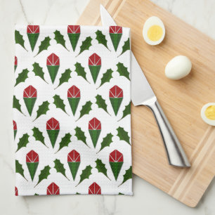 Vibrant Elegant Red Roses & Green Holly Pattern Tea Towel