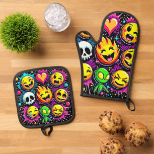 Vibrant Emoji Pop Art Oven Mitt & Pot Holder Set