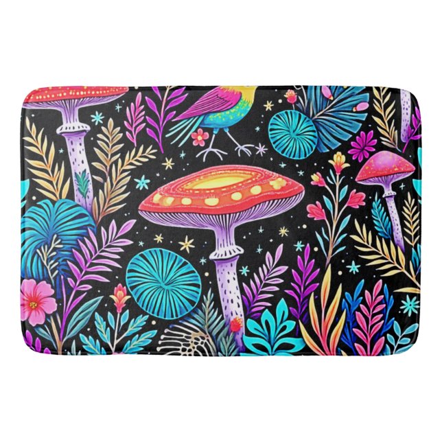 Vibrant Enchanted Forest Mushroom Artwork Bath Mat (Front)