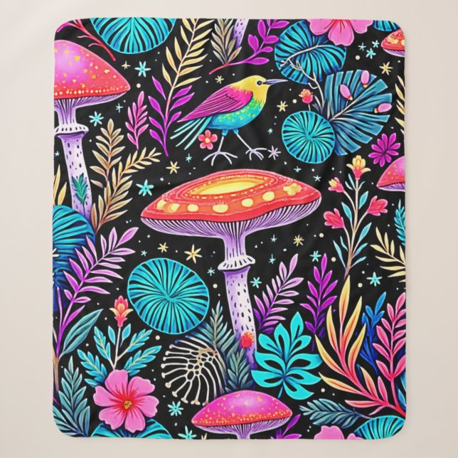 Vibrant Enchanted Forest Mushroom Artwork Sherpa Blanket (Front)