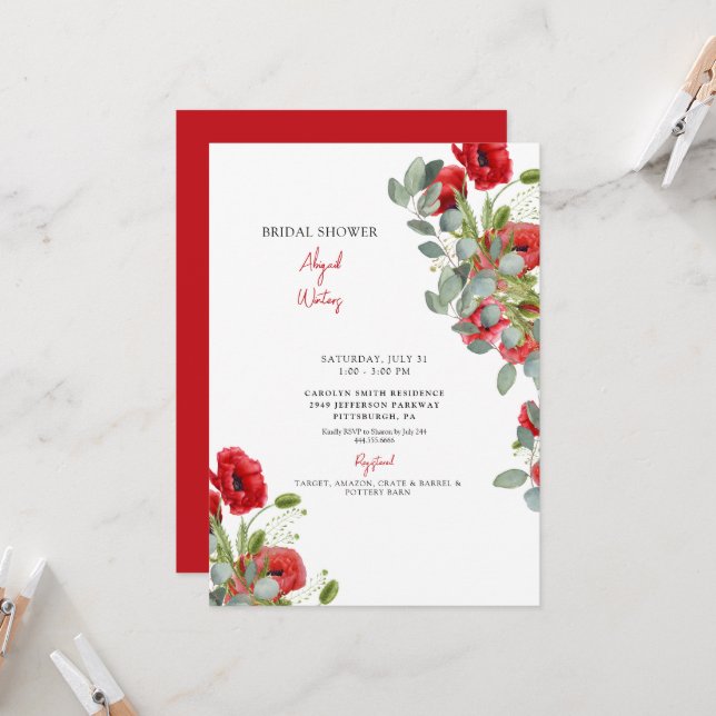 Vibrant Eucalyptus Red Floral Bridal Shower Invita Invitation (Front/Back In Situ)