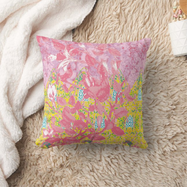 Vibrant fabric pattern featuring pink, yellow, and cushion (Blanket)
