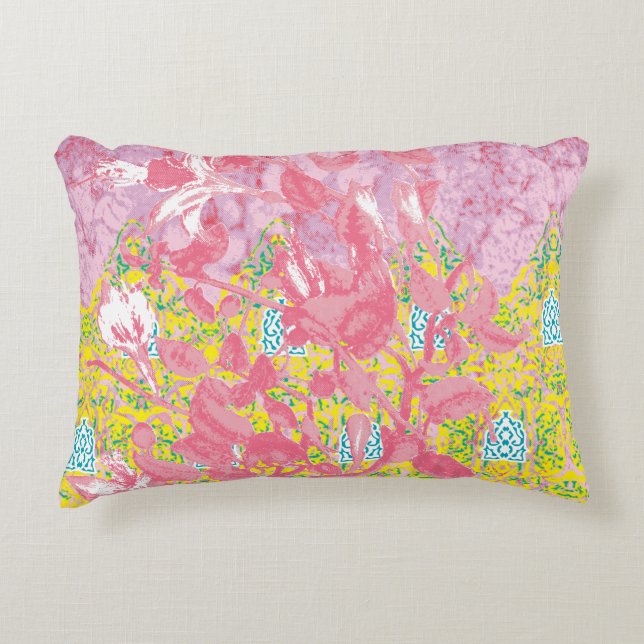 Vibrant fabric pattern featuring pink, yellow, and decorative cushion (Front)