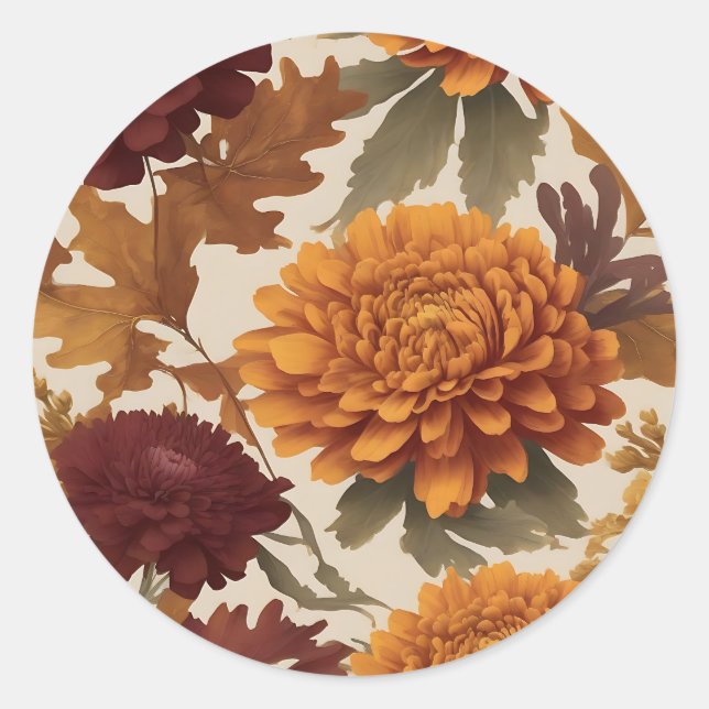 Vibrant Fall Chrysanthemums Asters and Marigolds Classic Round Sticker (Front)