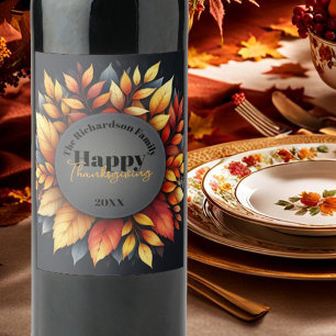 Vibrant Fall Leaves Thanksgiving Family Name Year Wine Label