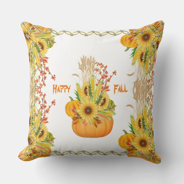  Vibrant Fall Pumpkins Watercolor Sunflowers Green Cushion (Front)
