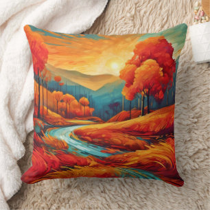 Vibrant Fall River Scene Cushion