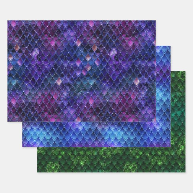 Vibrant Fantasy Dragon Scale Patterns Wrapping Paper Sheet (Set)
