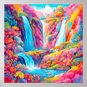 Vibrant Fantasy Waterfalls in a Candyland Setting Poster