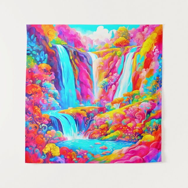 Vibrant Fantasy Waterfalls in a Candyland Setting Tapestry (Front)