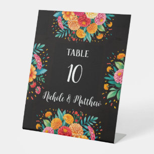 Vibrant Fiesta Wedding Bouquet Table Number Pedestal Sign