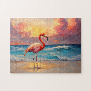 Vibrant Flamingo on the Beach Jigsaw Puzzle