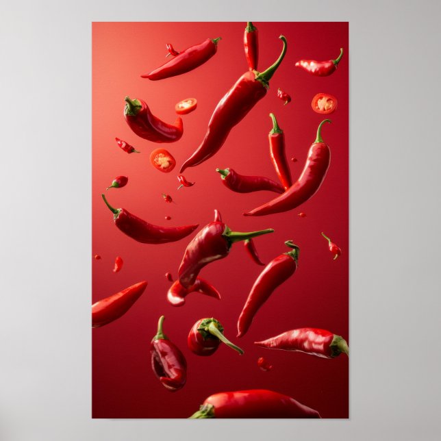 Vibrant Floating Red Peppers Food Poster  (Front)